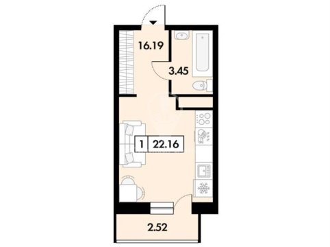 Студия, 2/2 эт., 19м²