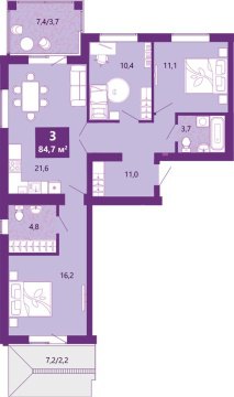 3-к квартира, 2/4 эт., 86м²