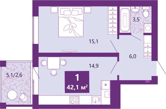 1-к квартира, 3/4 эт., 42м²