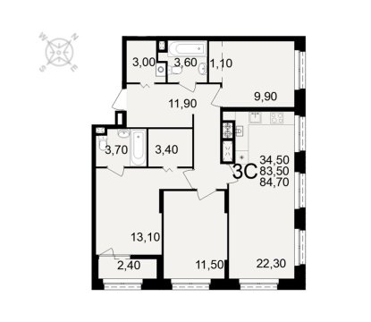 3-к квартира, 1/10 эт., 84м²